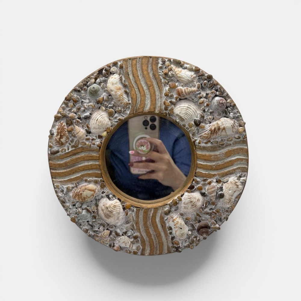 Vintage Handcrafted Seashell Round mirror Coastal Decor  Shell and Wave Detail
